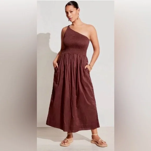 Faithful The Brand NWT SZ 10Elegant Brown One-ShoulderMidi Dress